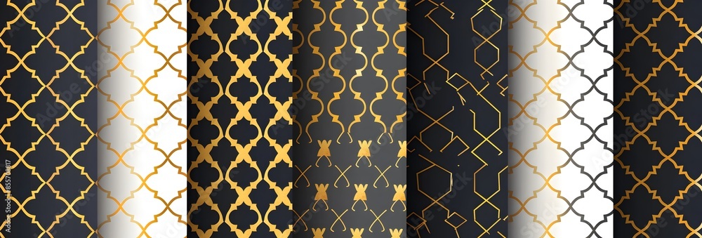 Poster set of three seamless patterns in white, black and gold featuring an elegant geometric pattern with 