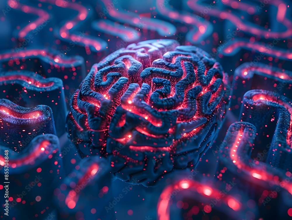 Poster intricate neural maze illustrating complex brain processes and cognition