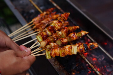 hand holding several barbeque skewer