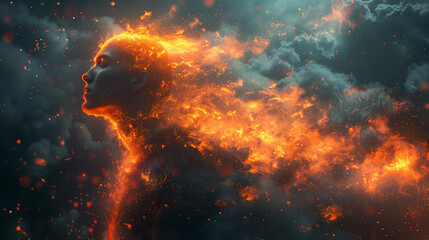 A digital art piece depicting a fiery figure emerging from a dark, cloudy background. The figures silhouette is engulfed in flames, creating a striking contrast against the stormy backdrop