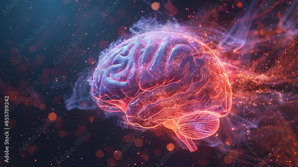 Poster digital brain concept with flowing data streams symbolizing information processing and cognition
