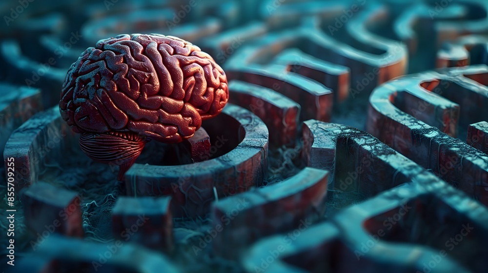 Poster intricate brain labyrinth depicting complex thought processes and cognitive concepts