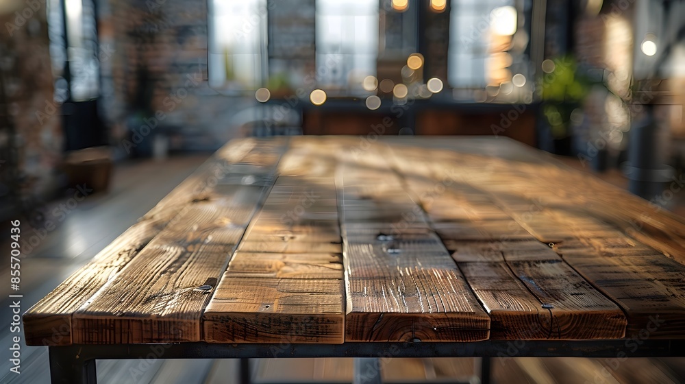 Poster Industrial Style Wooden Table in Urban Loft Setting with Empty Space for Displaying Product