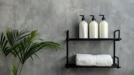 a black metal shelf adorned with white bottles of shampoo, body wash, and hand cream in a bathroom, accented with green palm leaves and neatly folded white towels.