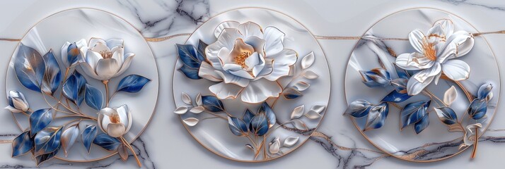 Porcelain fresco with decorative peonies and blue leaves on marble.