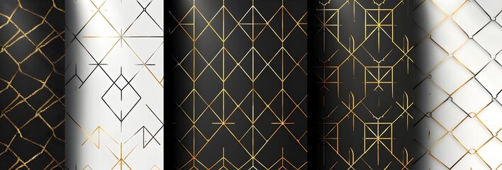 set of three seamless patterns in white, black and gold featuring an elegant geometric pattern with thin lines on each one
