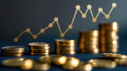 Upward Trend Line Graph with Gold Coins Foreground