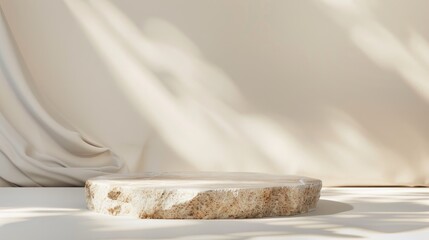 Beige monochrome mockup template with granite pedestal on neutral background