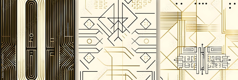 Poster set of three seamless patterns in white, black and gold featuring an elegant geometric pattern with 