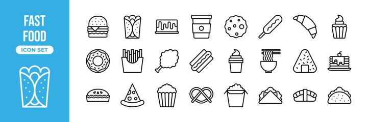 Fast food icon set. Containing burger, hotdog, pizza, cookie, cupcake, sushi, taco and more. Vector line icon for mobile app, website, logo and presentation design