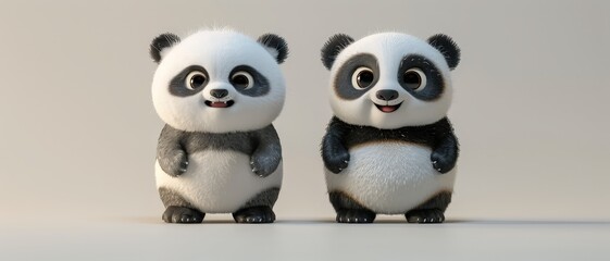 Obraz premium Set of Adorable 3D animated panda bears standing side by side with a neutral background, showcasing their cute and playful nature,isolated on white background