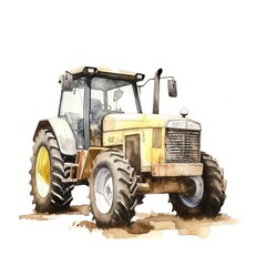 Cute yellow tractor watercolor illustration, animals and farm clipart