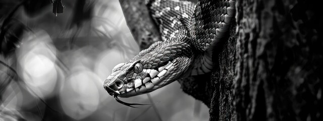 Viper hanging down from tree black and white photo