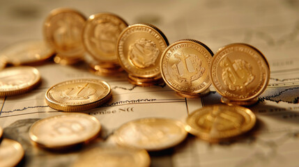 Upward Trend Line Graph with Gold Coins Foreground