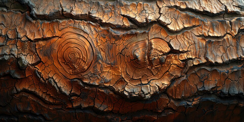 A close-up photograph of weathered tree bark revealing intricate knots and cracks