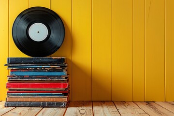 Vinyl record rests on a pile of vintage books on a wooden table with a yellow backdrop