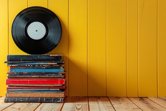 Vinyl record rests on a pile of vintage books on a wooden table with a yellow backdrop