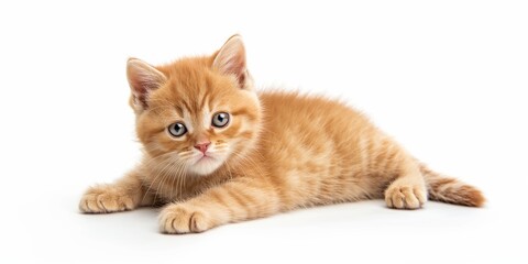 Obraz premium Cute orange kitten lying on white background, adorable kitten concept