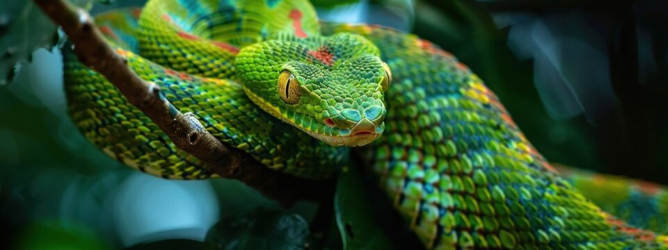 Bush Viper hanging down on the tree