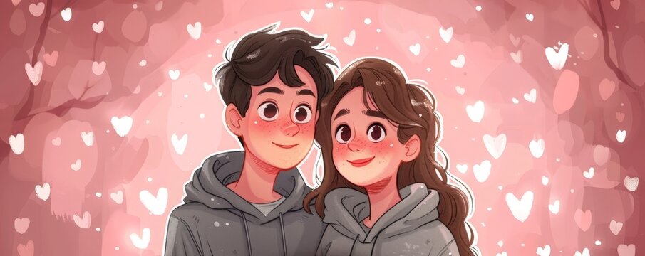 Cute animated couple smiling warmly with hearts around them, depicting love and affection in a charming, romantic illustration.