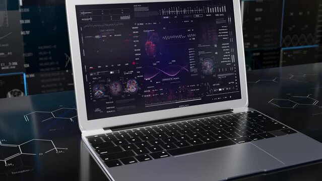 Laptop on the desk 3D technological Medical UI monitoring MRI x ray Scan.Heard rate monitor. Futuristic sci fi Interface. Sceleton, 3D Model Animation.Healthcare.