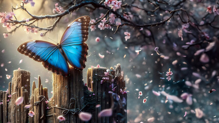Naklejka premium Blue Morphous Butterfly (Morpho menelaus) on a wooden fence and branches of a tree covered with flowers