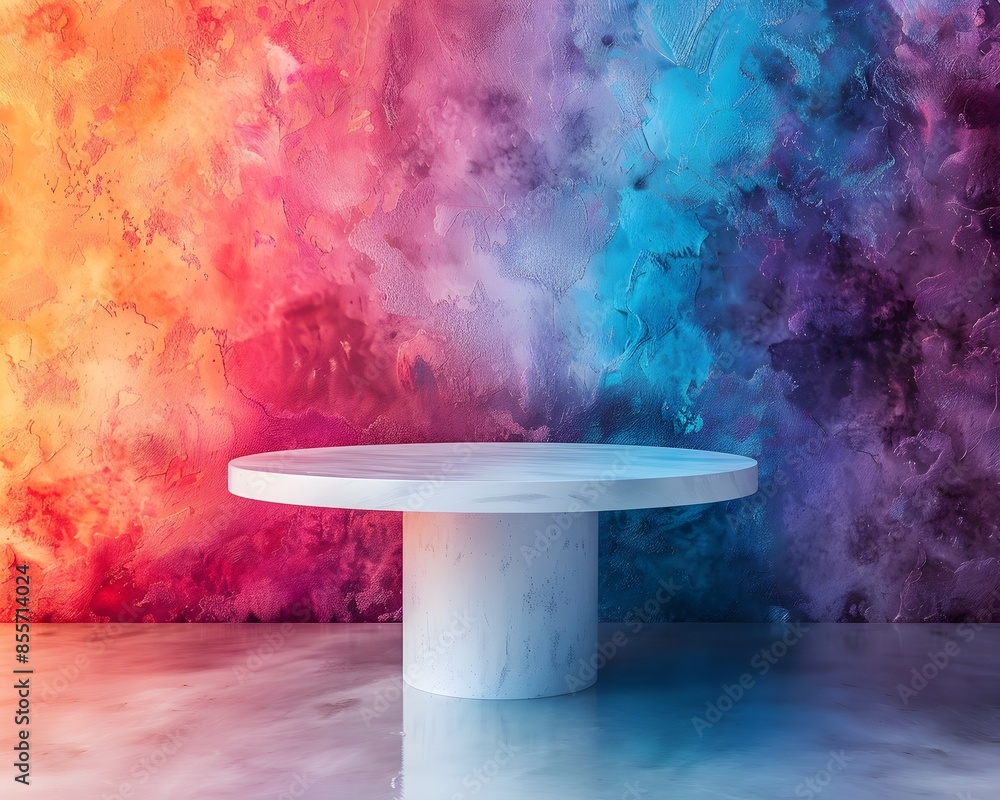 Poster modern glossy white table on vibrant colorful abstract background for product concept display