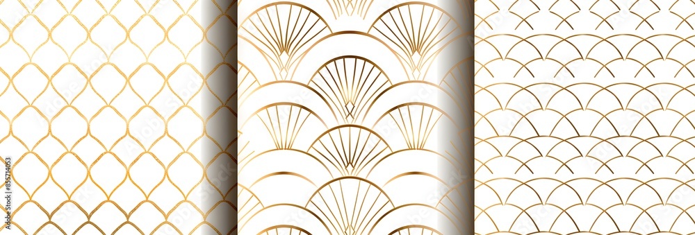 Poster set of three seamless patterns in white, black and gold featuring an elegant geometric pattern with 