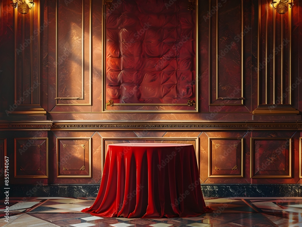 Poster elegant round table with velvet tablecloth in luxurious ballroom setting for product display and cop