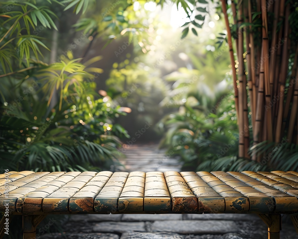 Poster bamboo table in serene zen garden with empty space for product display concept