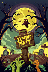 Fototapeta premium A poster for a zombie party featuring a wooden sign in a cemetery