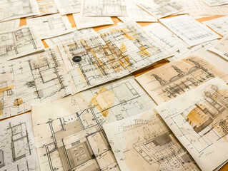 Obraz premium Carefully Laid Out Sketches in an Architect’s Office: Enhancing Creative Design
