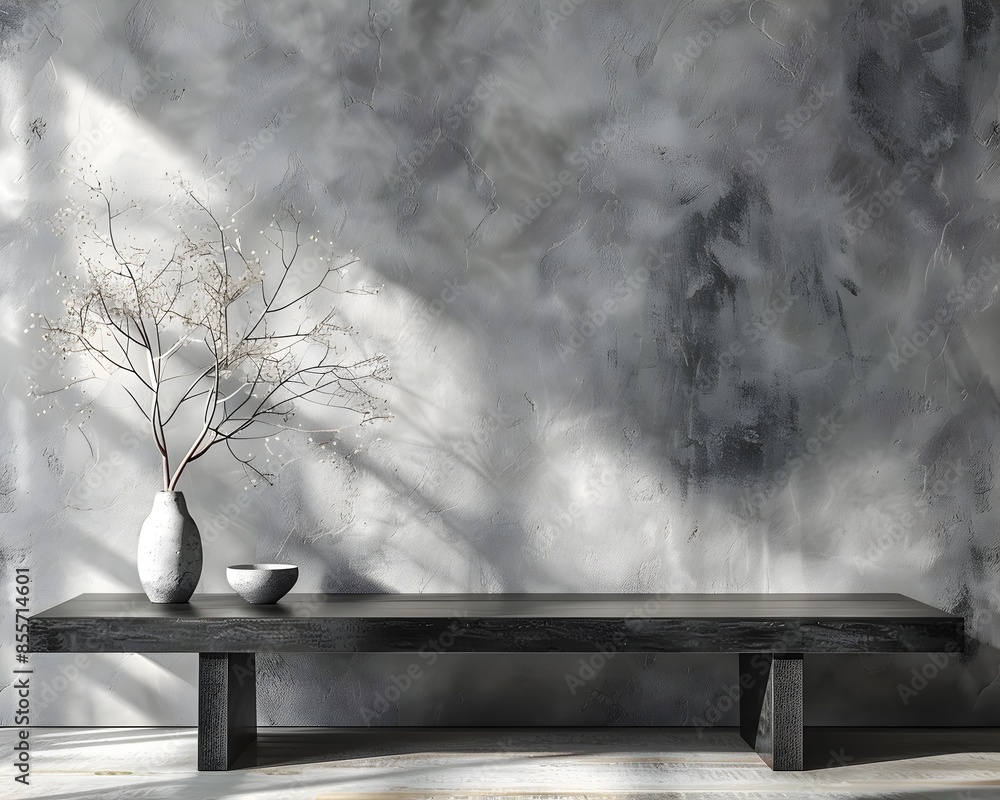 Aufkleber minimalist table setting against textured grey wall copy space for product display
