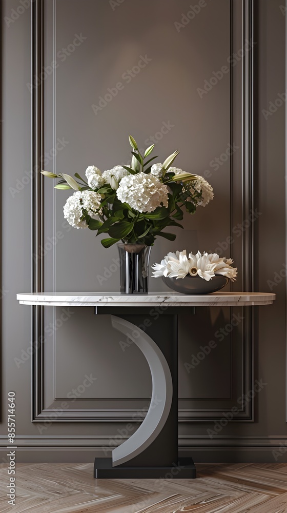 Poster elegant marble top console table positioned in a grand hallway for product display and concept prese