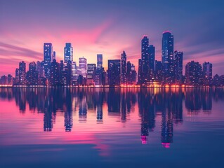 Fototapeta premium Panoramic View of Glowing City Skyline at Dusk with Shimmering Reflections on Water