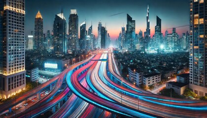 Fototapeta premium Nighttime Cityscape with Traffic Trails