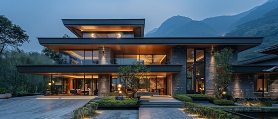 Obraz premium Modern luxury house with a stunning exterior, nestled in a picturesque mountain landscape, featuring contemporary design and spacious layout.