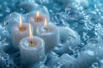Four white candles are burning and floating in a pool of water. Water droplets are scattered throughout the image