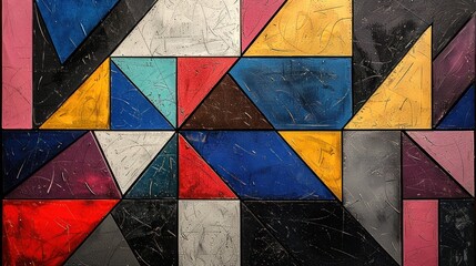 A close-up of a colorful mosaic artwork, composed of multiple geometric shapes in various colors, displayed on a wall.