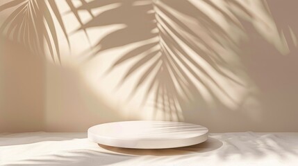 Minimalistic background with tropical palm leaf shadow for cosmetic product presentation Premium podium on beige wall with white table