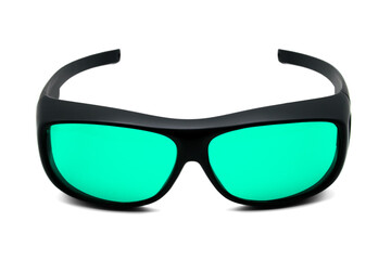 Cool black fashion sunglasses with beautiful blue lenses or sports sunglasses on isolated white...