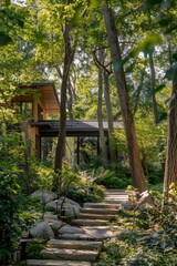 Exterior view of a secluded home surrounded by trees