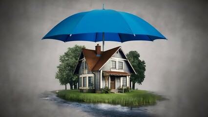 Photo of a quaint, cozy house nestled under a large blue umbrella. 