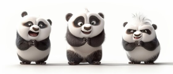 Fototapeta premium Three adorable animated pandas standing in a row with happy expressions and different fur patterns on a white background.