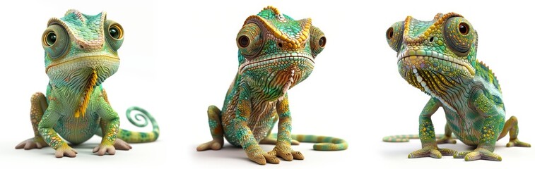 Obraz premium Three colorful cartoon-style chameleons sitting on a white background, showcasing their unique patterns and vibrant colors, isolated on white background