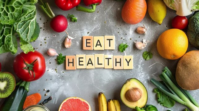 Alphabet Eat Healthy tiles arranged with vegetables and fruits frame and light background, vegetarian diet mockup, copy space. Top view video footage. 