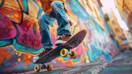 Urban Skateboarding in Vibrant Graffiti Alley
