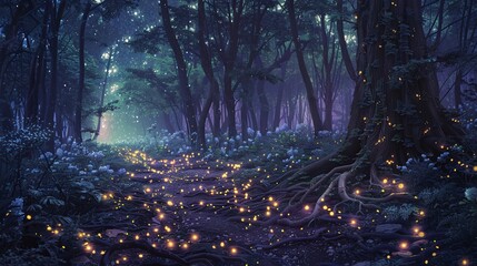 Obraz premium Forest clearing under the night sky filled with enchanting lights, radiating from within the dense foliage and scattered along the forest floor, creating an otherworldly glow that highlights ancient
