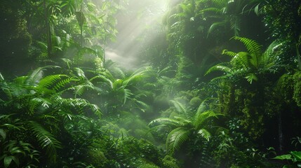 Fototapeta premium Dense greenery with an abundance of moss and ferns in a humid, mist-filled garden, featuring thick undergrowth covered in dew, soft light filtering through the mist, and a sense of serene freshness