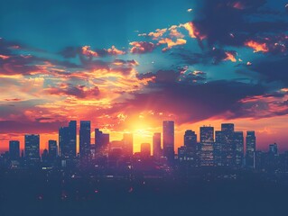 Obraz premium Breathtaking Sunset over Towering City Skyline Silhouetted Skyscrapers Against Dramatic Sky